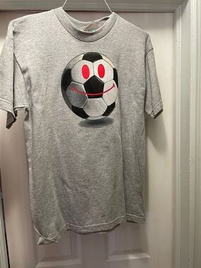 NWT Vintage 90s Planet Industries Kids Gray Soccer Smiley Graphic Tee